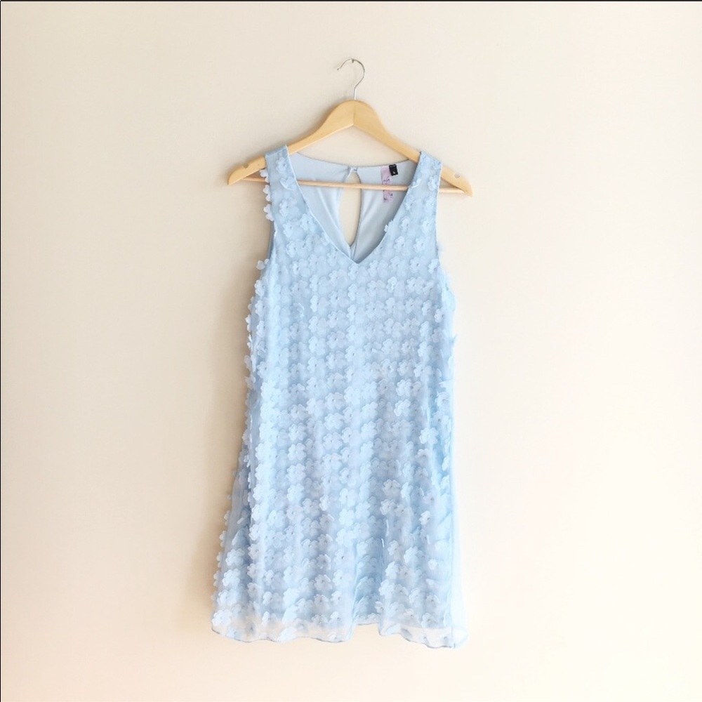 Francesca’s blue 3D shift vneck blue flower dress